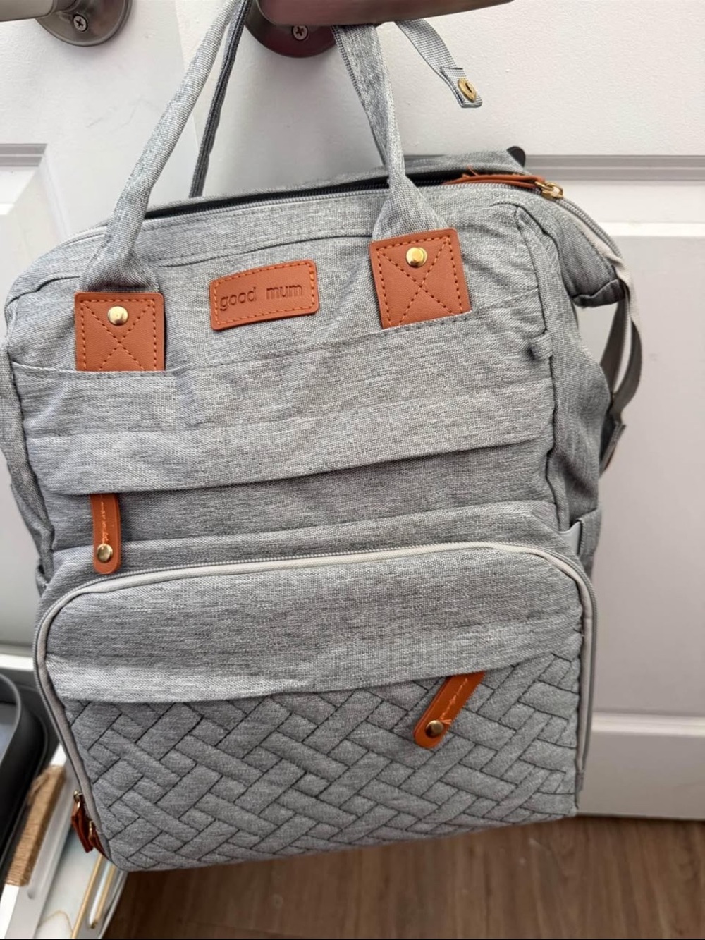 Grey Backpack Tote with Tan Accents